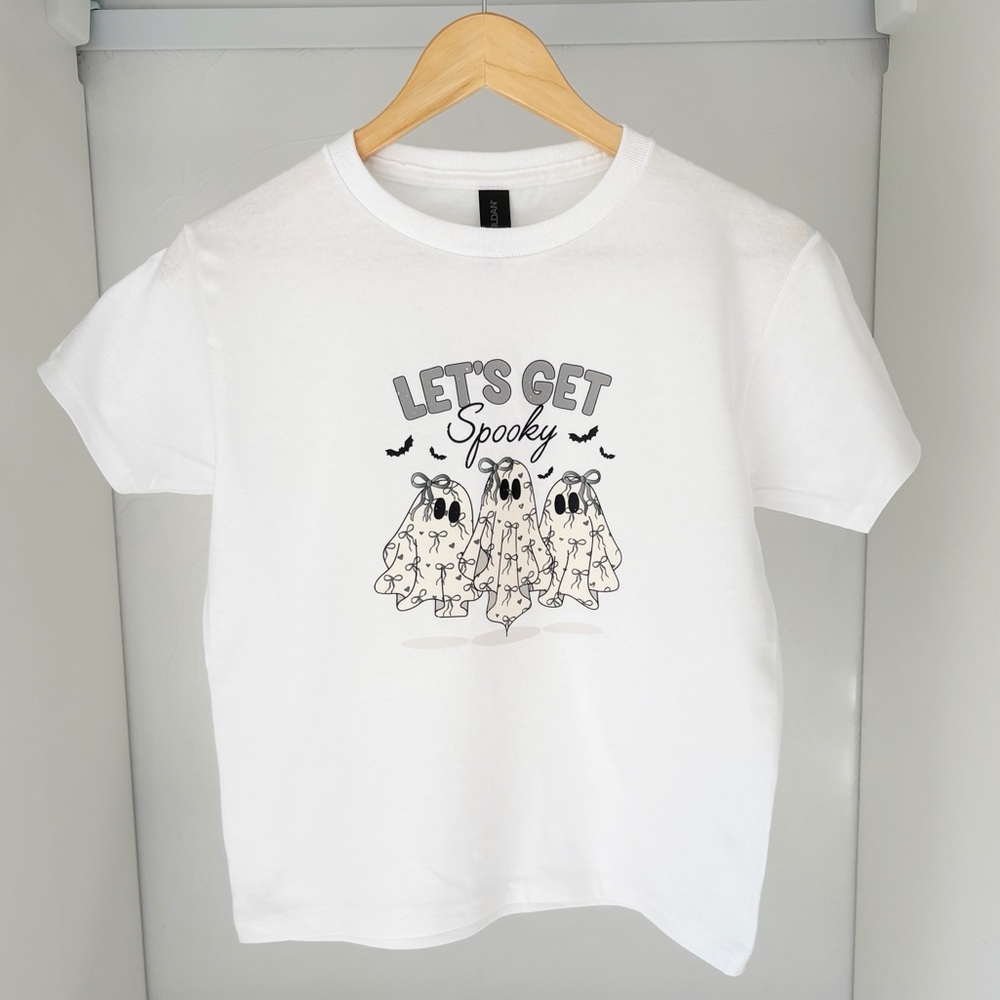 Gildan Girls White Halloween Ghost Lets Get Spooky Top Girls Size XS-Small NWOT